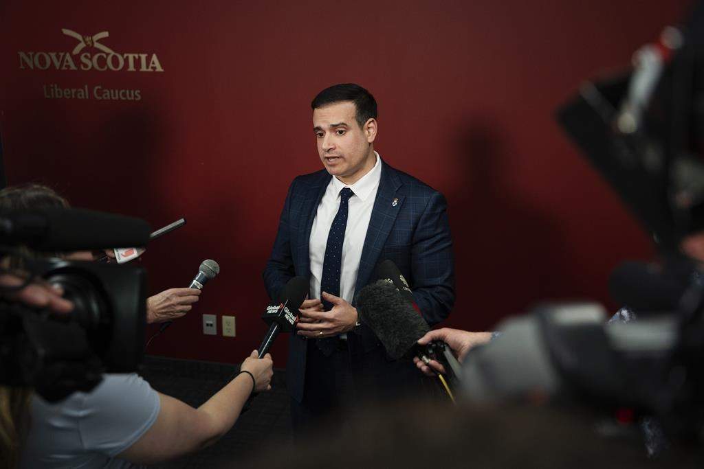 Nova Scotia Liberal Party leader Zach Churchill speaks to reporters during a media availability in Halifax on Tuesday, February 27, 2024. THE CANADIAN PRESS/Darren Calabrese