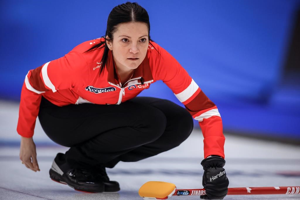 Team Canada skip Kerri Einarson watches her shot as they play Team Manitoba-Cameron in qualifications at the Scotties Tournament of Hearts in Calgary, on Feb. 23, 2024.