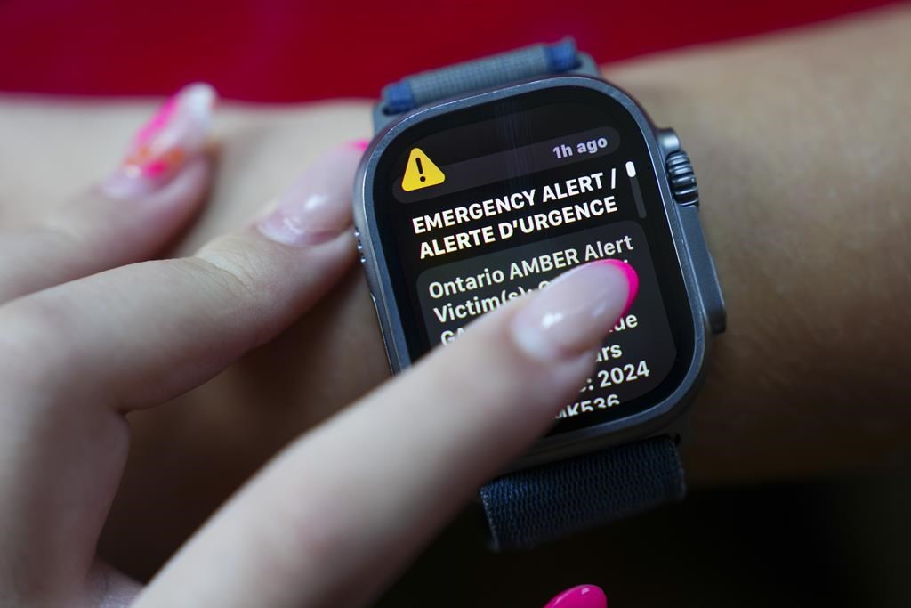 An emergency amber alert is viewed on the display of an Apple watch in this file photo.