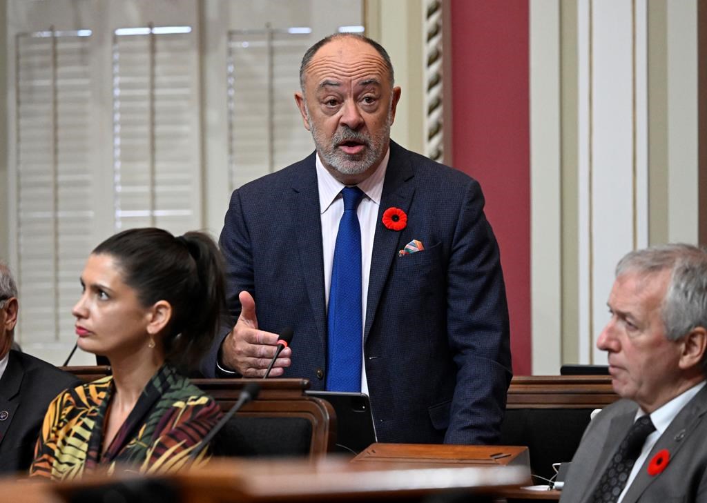 Quebec Health Minister Christian Dube responds to the Opposition during question period at the legislature in Quebec City.