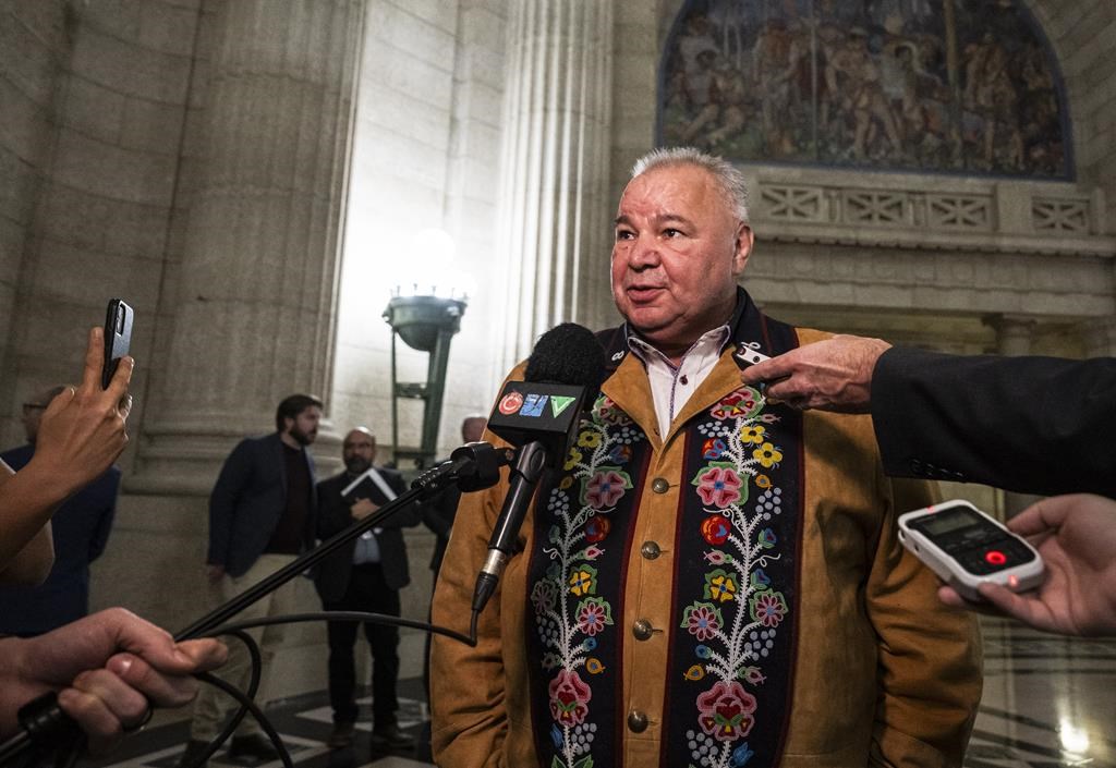 President of the Manitoba Métis Federation David Chartrand speaks to media after the completion of the 43rd Manitoba Legislature throne speech at the Manitoba Legislative Building in Winnipeg, Tuesday, Nov. 21, 2023. 