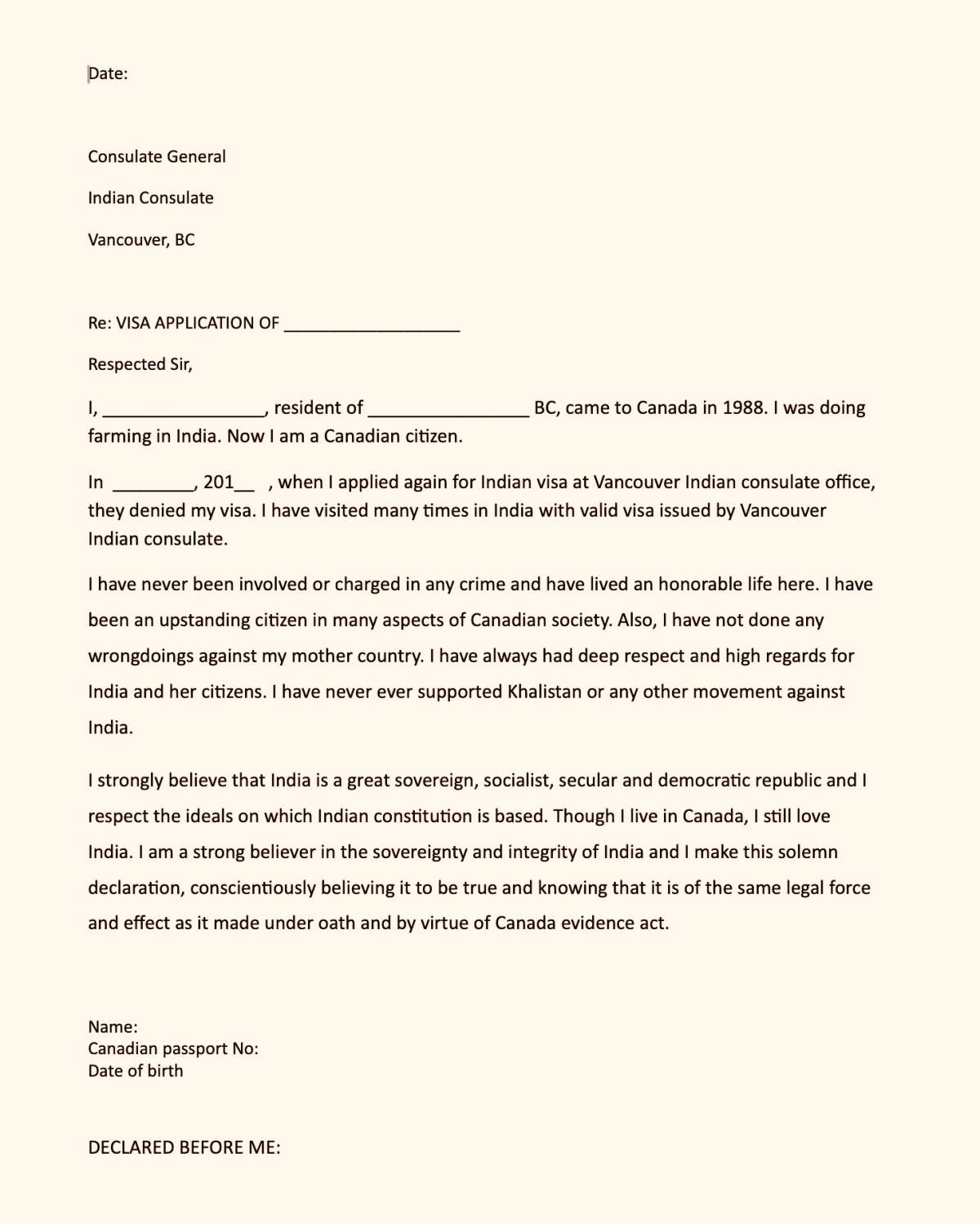 “Sample letter” Bikramjit Sandhar said he was given to sign to get an Indian visa.