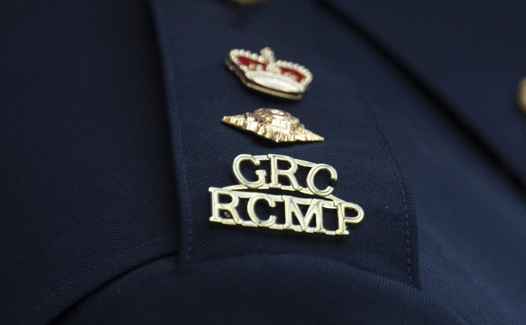 The RCMP logo is seen on the shoulder of a superintendent during a news conference on June 24, 2023, in St. John’s, Newfoundland.
