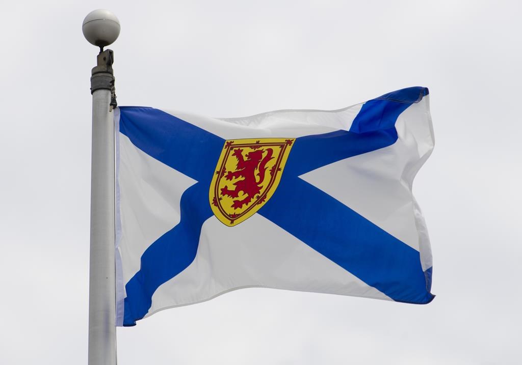 Nova Scotia's provincial flag flies on a flag pole in Ottawa.