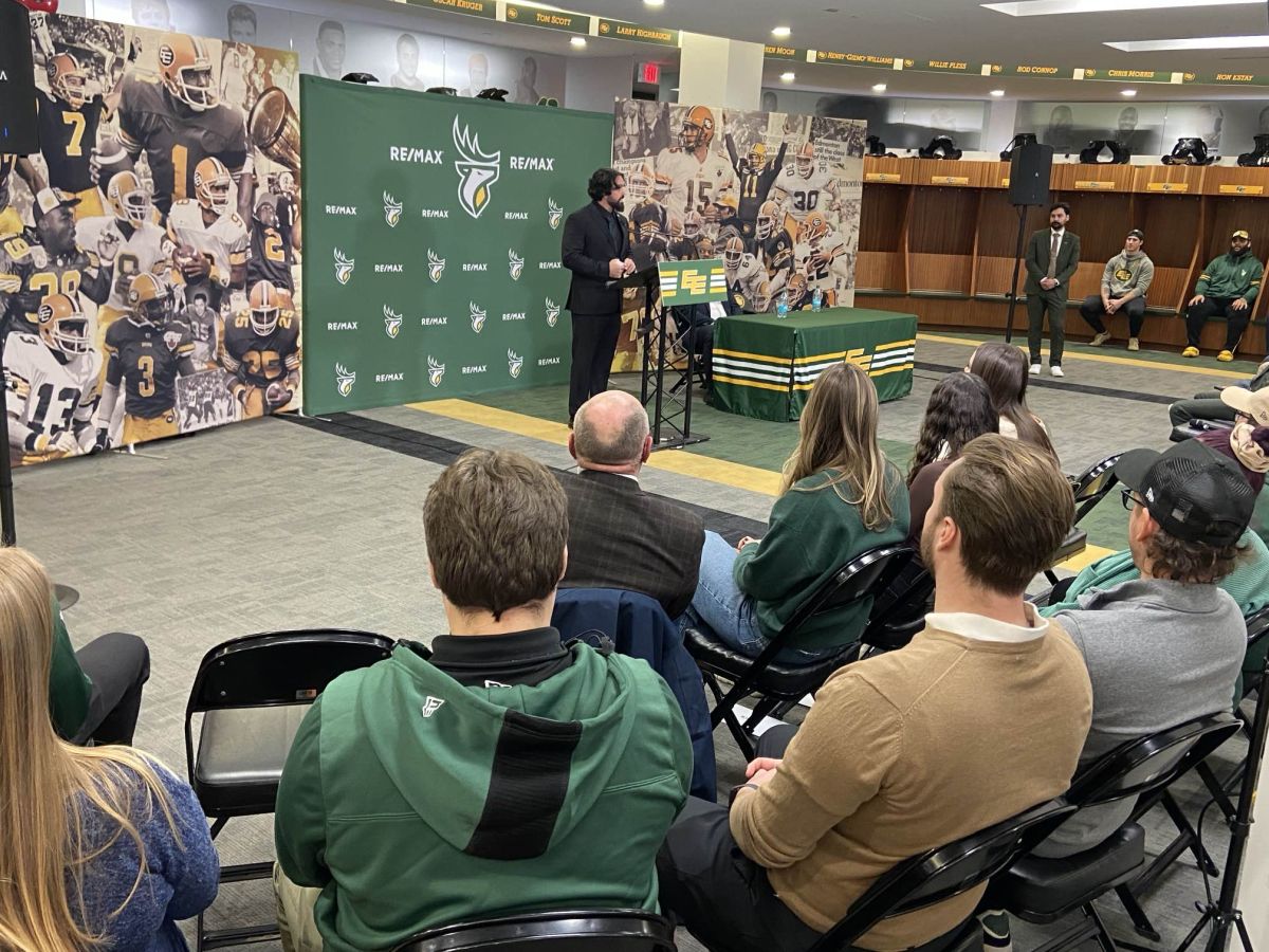 Mark Kilam speaks to reporters at Commonwealth Stadium on Dec. 2, 2024 after being named the new head coach of the Edmonton Elks.