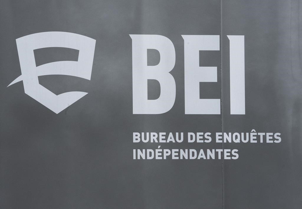 A BEI logo for Quebec’s independent police bureau is seen in Louiseville, Que., Tuesday, March 28, 2023. THE CANADIAN PRESS/Ryan Remiorz.