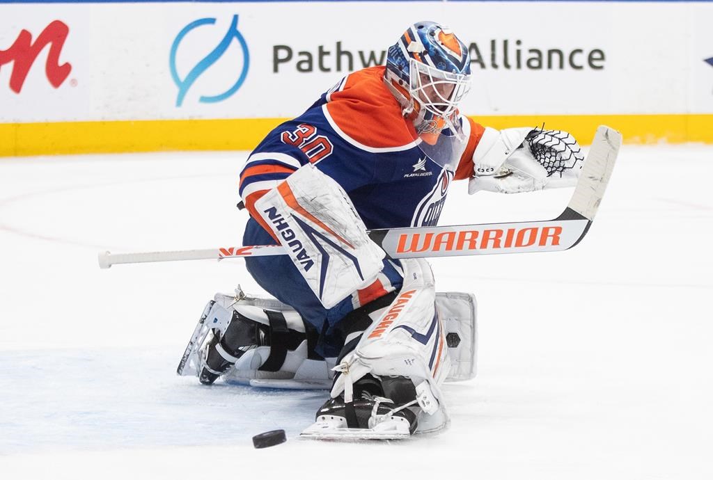 Edmonton Oilers goalie Calvin Pickard (30) makes a save during third period NHL action against the Seattle Kraken, in Edmonton on Monday, January 27, 2025.
