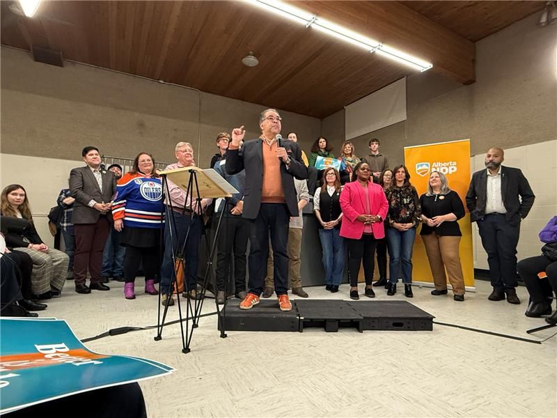 Alberta NDP Leader Naheed Nenshi speaks to a crowd on Jan. 22, 2025 after being acclaimed as the party's candidate in Edmonton-Strathcona.