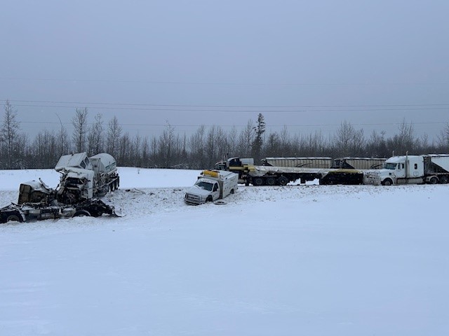 A large collision on Highway 43 between Whitecourt and Fox Creek in western Alberta on Thursday, January 30, 2025.