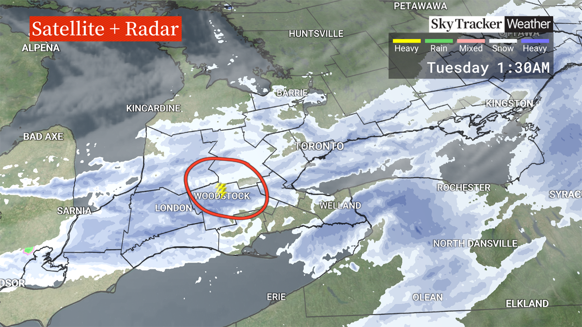 Thunder and lightning hit Woodstock,. Ont. early Tuesday morning.