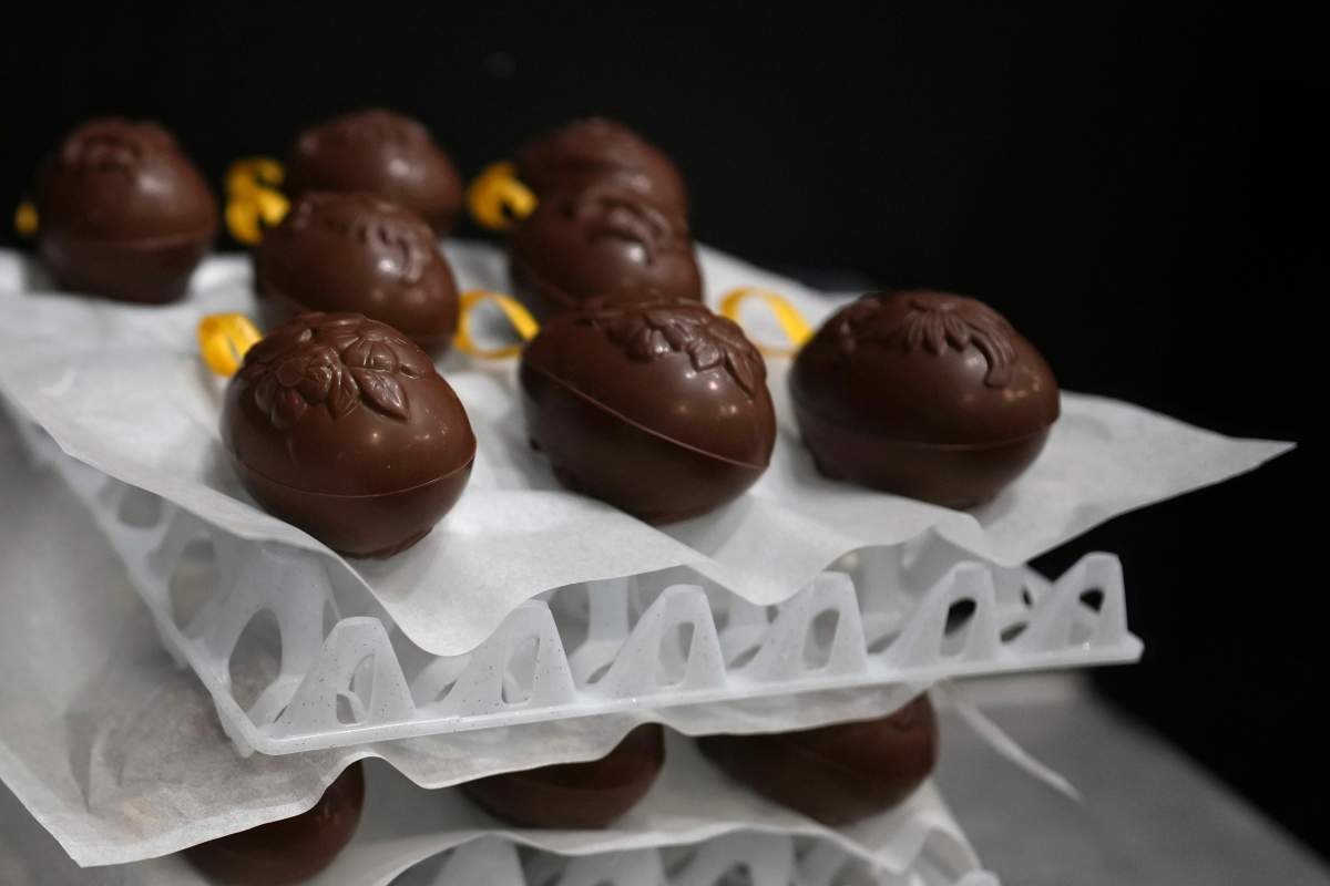 Chocolate eggs dry in the workshop at The Chocolate Line in Bruges, Belgium, Thursday, Feb. 6, 2025. (AP Photo/Virginia Mayo)