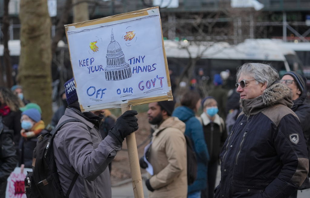 People gathered at City Hall in downtown, Manhattan on Feb. 5, 2025 to oppose the early actions of President Donald Trump's administration and the Project 2025 playbook.