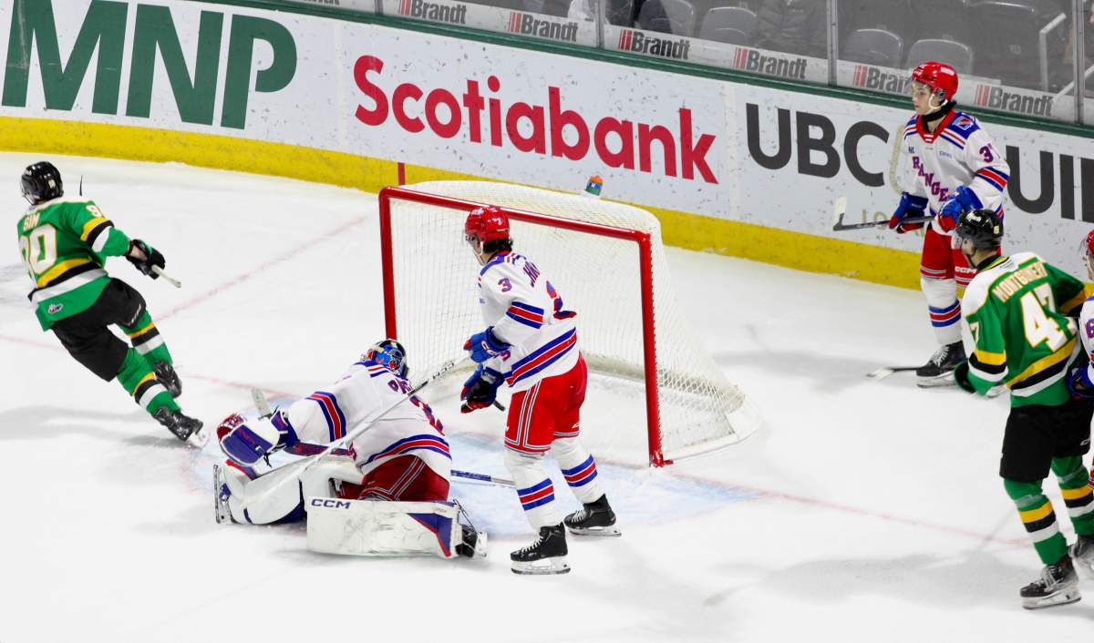 Landon Sim of the London Knights scores to tie a game against the Kitchener Rangers in the third period. Kitchener would go on to win 5-4 in overtime on Feb. 23, 2025 at Canada Life Place.