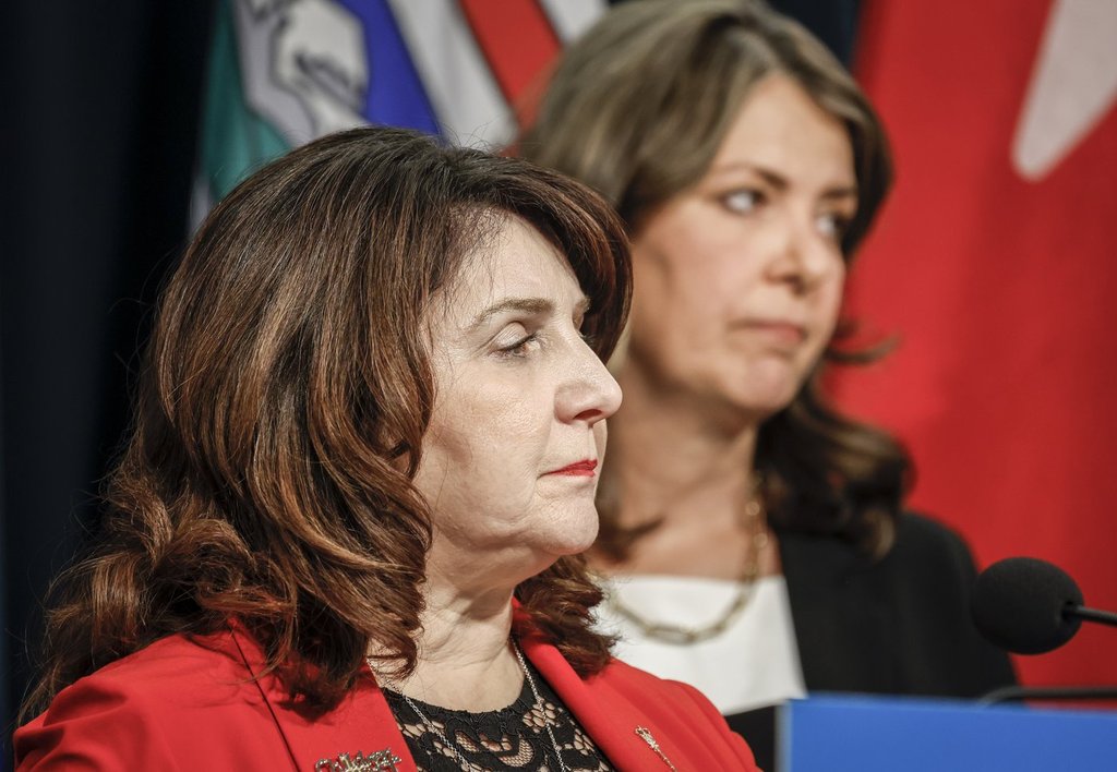 Alberta's Chief Electoral Officer confirmed Friday that he has received four more applications for MLA recall petitions, including one for embattled Health Minister Adriana LaGrange, pictured here with Premier Danielle Smith at a press conference in Calgary in February 2025.