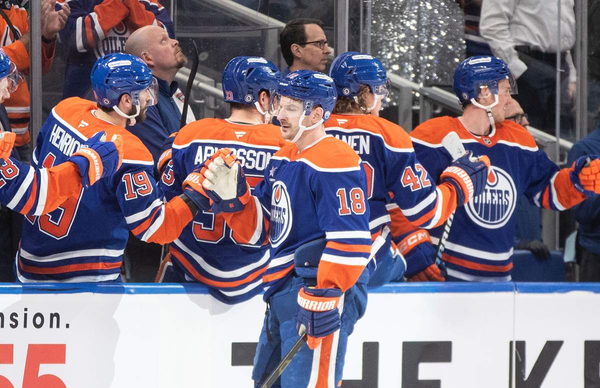 Edmonton Oilers' Zach Hyman (18) celebrates a goal against the Utah Hockey Club during first period NHL action in Edmonton on Tuesday, March 18, 2025.