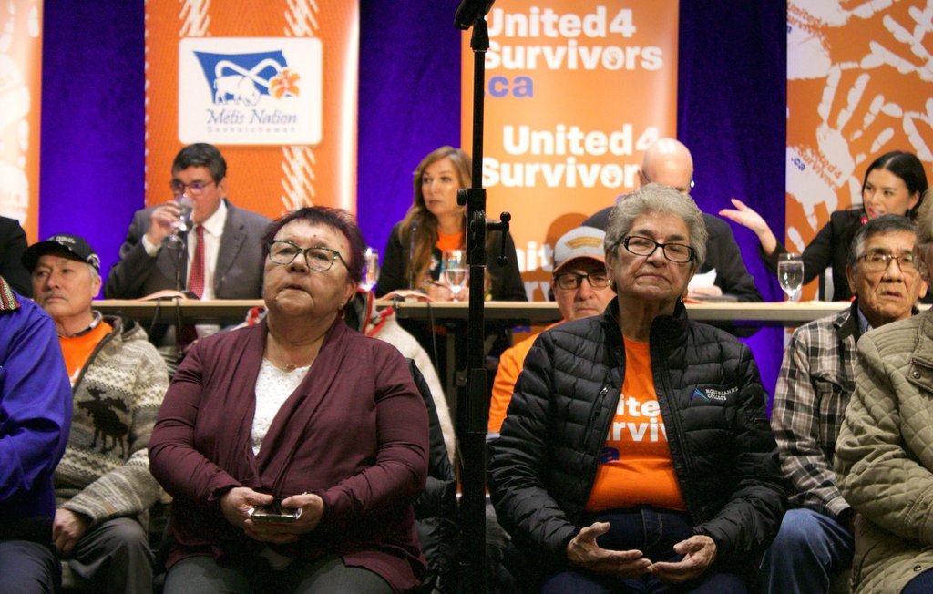 Survivors of a boarding school that housed Métis and First Nations children in Saskatchewan attend a media update event in Whitecap, Sask., Tuesday, Jan.24, 2023. Survivors launched a class-action lawsuit for the harms they suffered in the institution. THE CANADIAN PRESS/Kelly MaloneTHE CANADIAN PRESS/Kelly Malone.