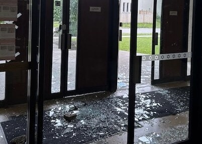 Damage to Pride of Israel synagogue in Toronto that was allegedly part of an antisemitic hate crime spree by Amir Arvahi Azar.