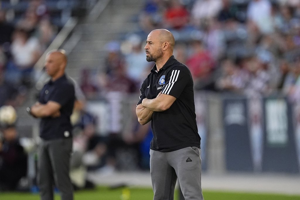 CF Montréal head coach Laurent Courtois in the first half of an MLS soccer match Saturday, June 22, 2024, in Commerce City, Colo.