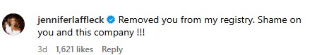 A screenshot of Jennifer Affleck's comment on Happiest Baby's Instagram post.