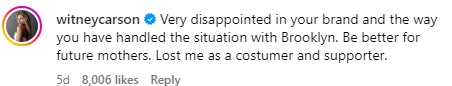 A screenshot of Witney Carson's comment on Happiest Baby's Instagram post.