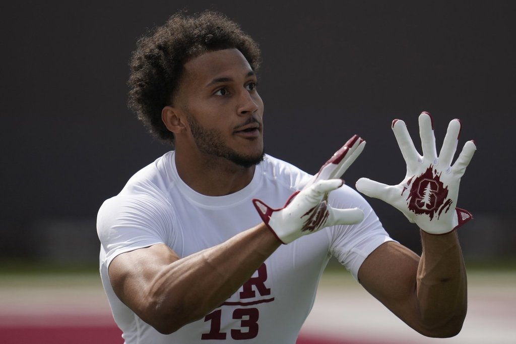 Wide receiver Elic Ayomanor during Stanford football Pro Day event in Stanford, Calif., Wednesday, March 19, 2025.