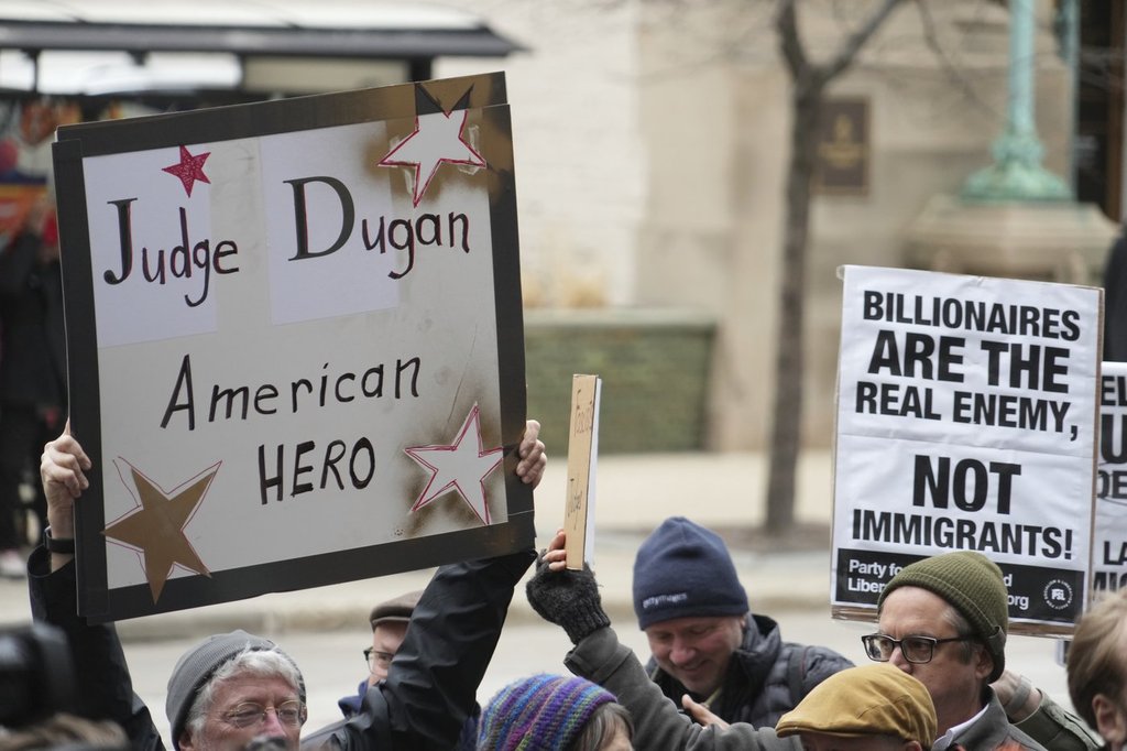 Supporters of Judge Hannah Dugan hold a rally in Milwaukee at the U.S. Courthouse in Milwaukee on Friday, April 25, 2025.