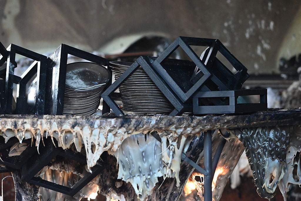 A view of damaged plates after an arsonist sets fire to the Pennsylvania Governor Josh Shapiro's residence in a targeted attack in Harrisburg, Pennsylvania, on April 13, 2025.