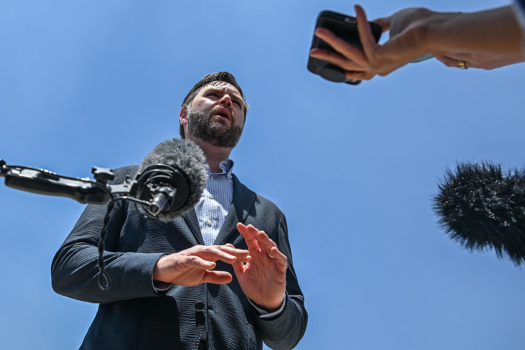 Vice President JD Vance speaks to media as he departs Agra, India en route to Jaipur, India after visiting the Taj Mahal on April 23, 2025.