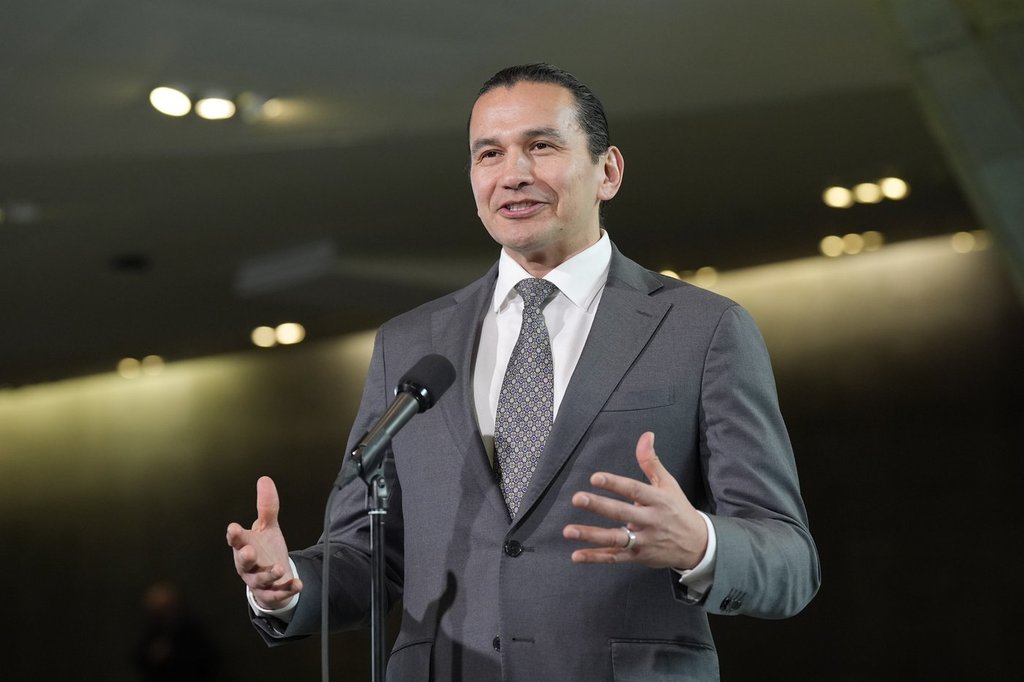 Manitoba Premier Wab Kinew speaks with media before at a First Ministers Meeting at the National War Museum Friday, March 21, 2025 in Ottawa. 