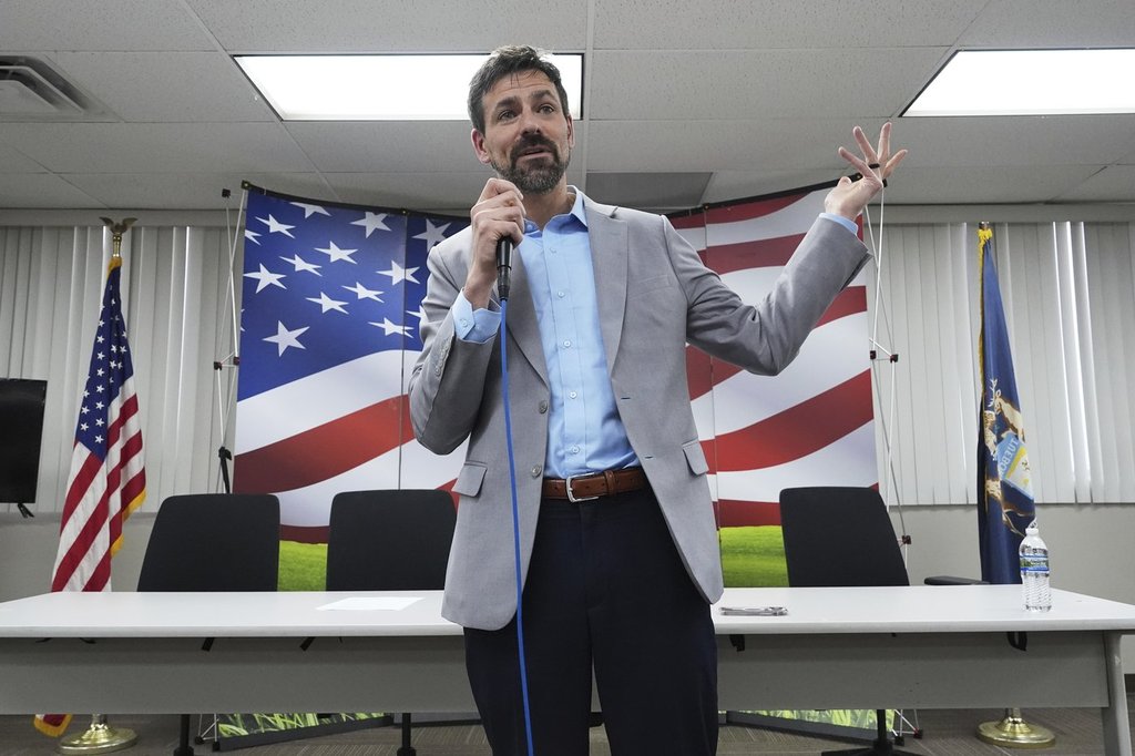 Ryan Kelley speaks at the Jackson County Republican headquarters, Thursday, April 10, 2025, in Jackson, Mich.