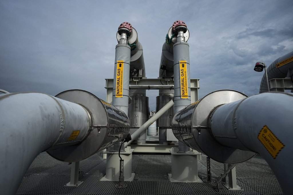 Piping is seen on the top of a receiving platform which will be connected to the Coastal GasLink natural gas pipeline terminus at the LNG Canada export terminal under construction, in Kitimat, B.C., on Wednesday, Sept. 28, 2022. THE CANADIAN PRESS/Darryl Dyck.