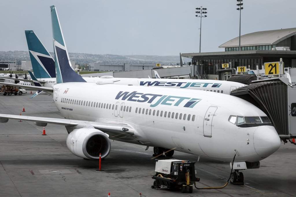 WestJet passenger jets parked at departure gates at the Calgary International Airport on Wednesday, May 31, 2023.THE CANADIAN PRESS/Jeff McIntosh.