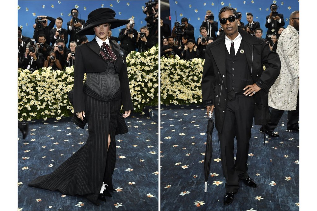 In this combination of images, Rihanna, left, and A$AP Rocky attend The Metropolitan Museum of Art's Costume Institute benefit gala celebrating the opening of the 'Superfine: Tailoring Black Style' exhibition on Monday, May 5, 2025, in New York.