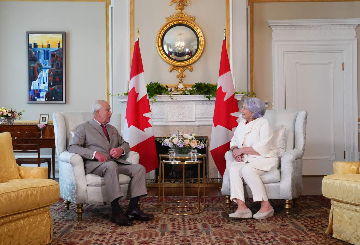 Mary Simon, Governor General of Canada, has an audience with King Charles at Rideau Hall in Ottawa during a royal visit on Monday, May 26, 2025. THE CANADIAN PRESS/Sean Kilpatrick