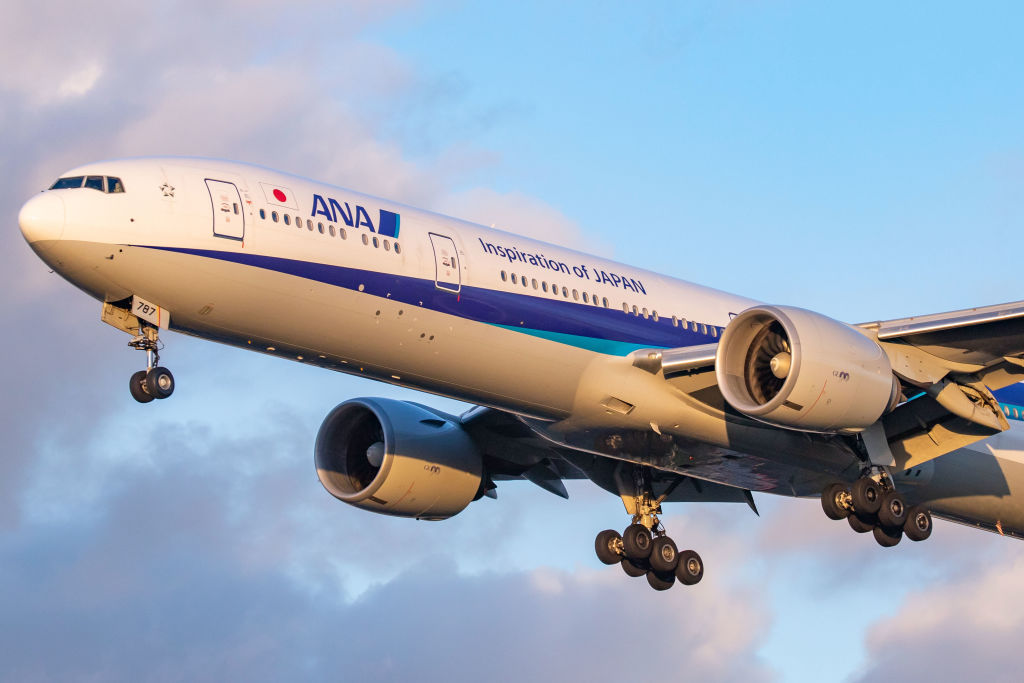 ANA All Nippon Airways Boeing 777-300 with registration JA787A landing at London Heathrow International Airport LHR / EGLL in England, UK.