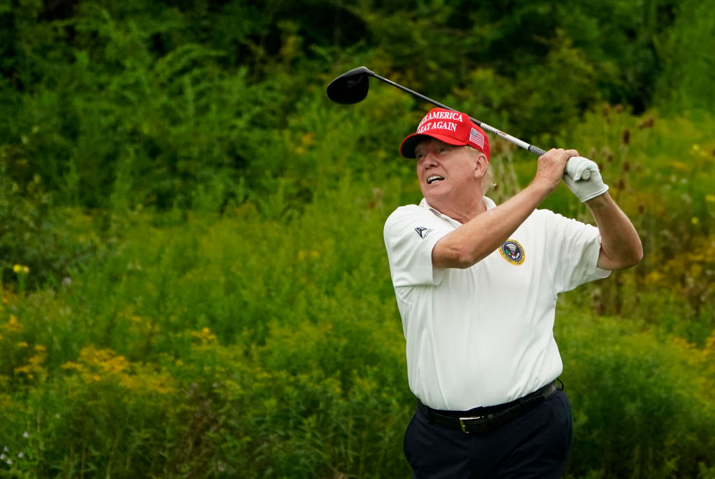 President Donald Trump plays golf during the Official Pro-Am Tournament ahead of the LIV Golf Invitational Series event at Trump National Golf Club Bedminster in Bedminster, New Jersey, on August 10, 2023.