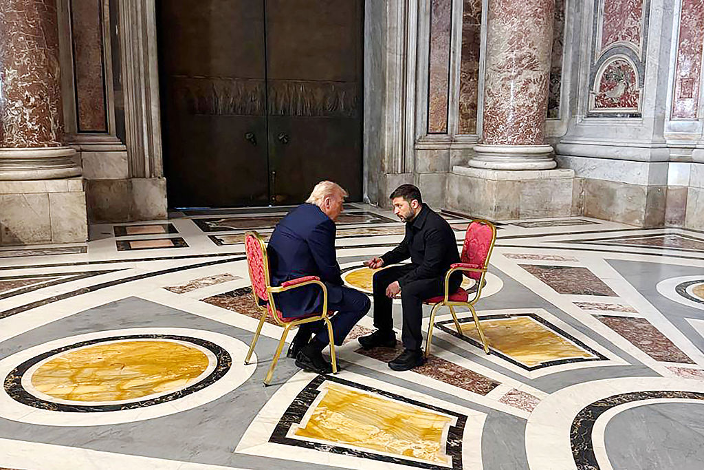 President Volodymyr Zelensky (R) meets with U.S. President Donald Trump (L) during Pope Francis's funeral at St. Peter's Basilica at the Vatican, on April 26, 2025 in Vatican City, Vatican.