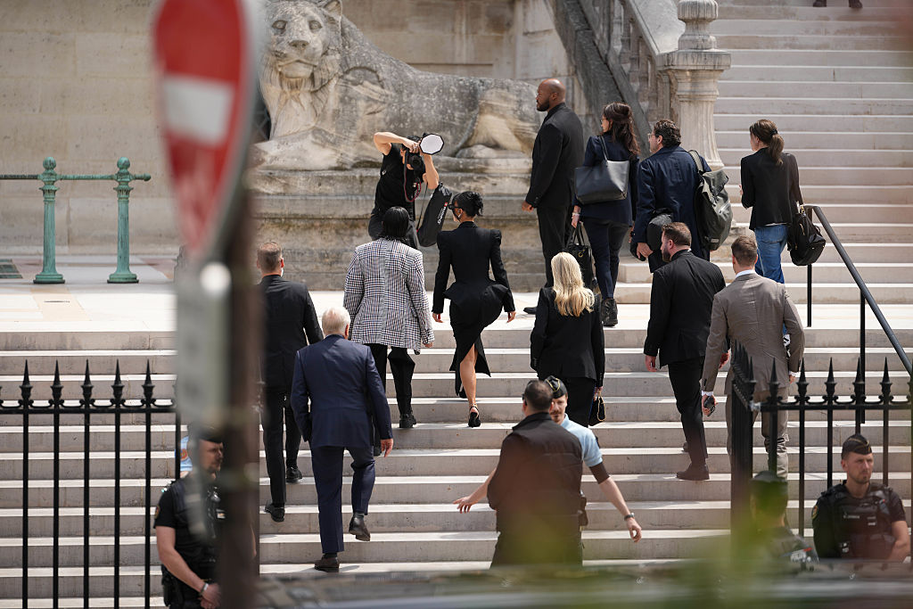 Kim Kardashian arrives at the Palais de Justice on May 13, 2025, in Paris, France.