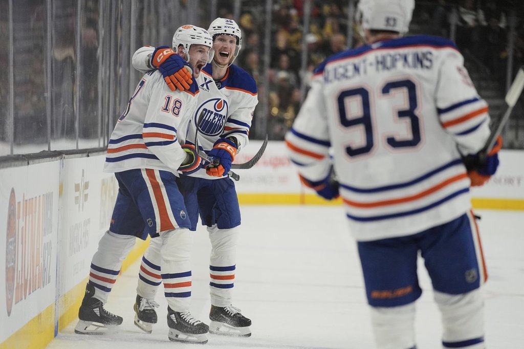 Edmonton Oilers left wing Zach Hyman (18) celebrates after scoring against the Vegas Golden Knights during the third period of Game 1 of a second-round NHL hockey playoff series Tuesday, May 6, 2025, in Las Vegas.