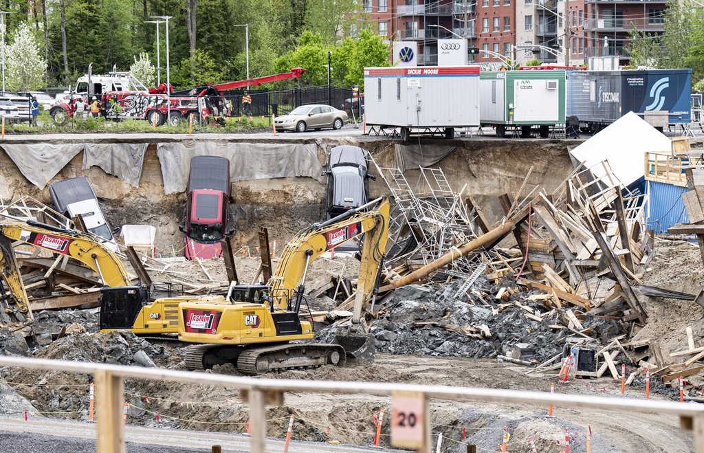 A collapse is seen on a construction site in Blainville, Que., on Tuesday, May 20, 2025.