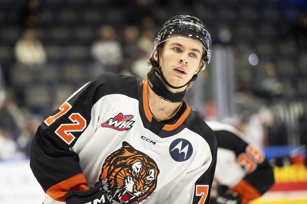 Medicine Hat Tigers' Gavin McKenna (72) warms up before a Memorial Cup hockey game in Rimouski, Que., on May 23, 2025.