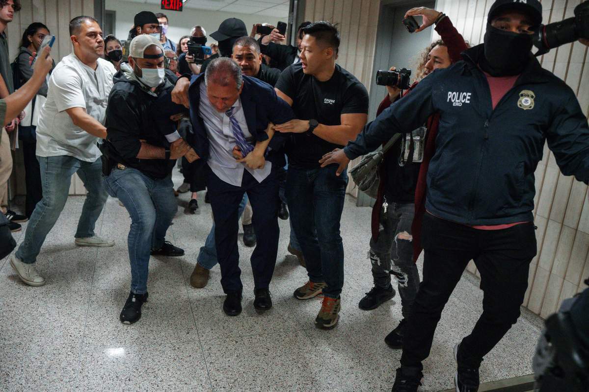 New York City Comptroller Brad Lander is placed under arrest by Immigration and Customs Enforcement (ICE) and FBI agents outside federal immigration court on Tuesday, June 17, 2025, in New York.