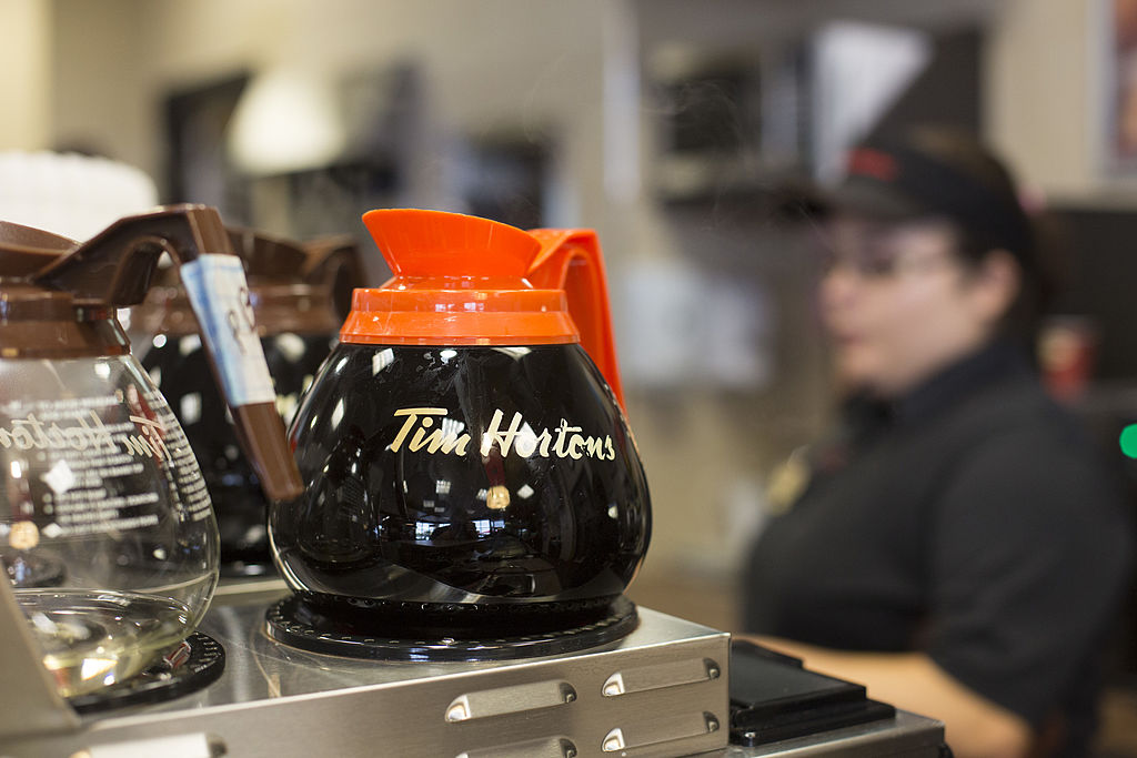 A coffee pot sits on a burner at a Tim Hortons Inc. restaurant in Oakville, Ontario, Canada.