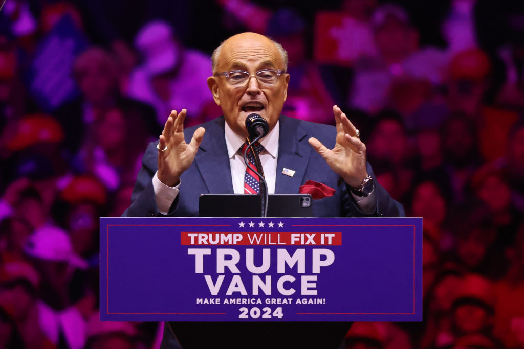 FILE: NEW YORK, NEW YORK - OCTOBER 27: Rudy Giuliani, former Mayor of New York City, speaks prior to Republican presidential nominee, former U.S. President Donald Trump taking the state at a campaign rally at Madison Square Garden on October 27, 2024 in New York City.
