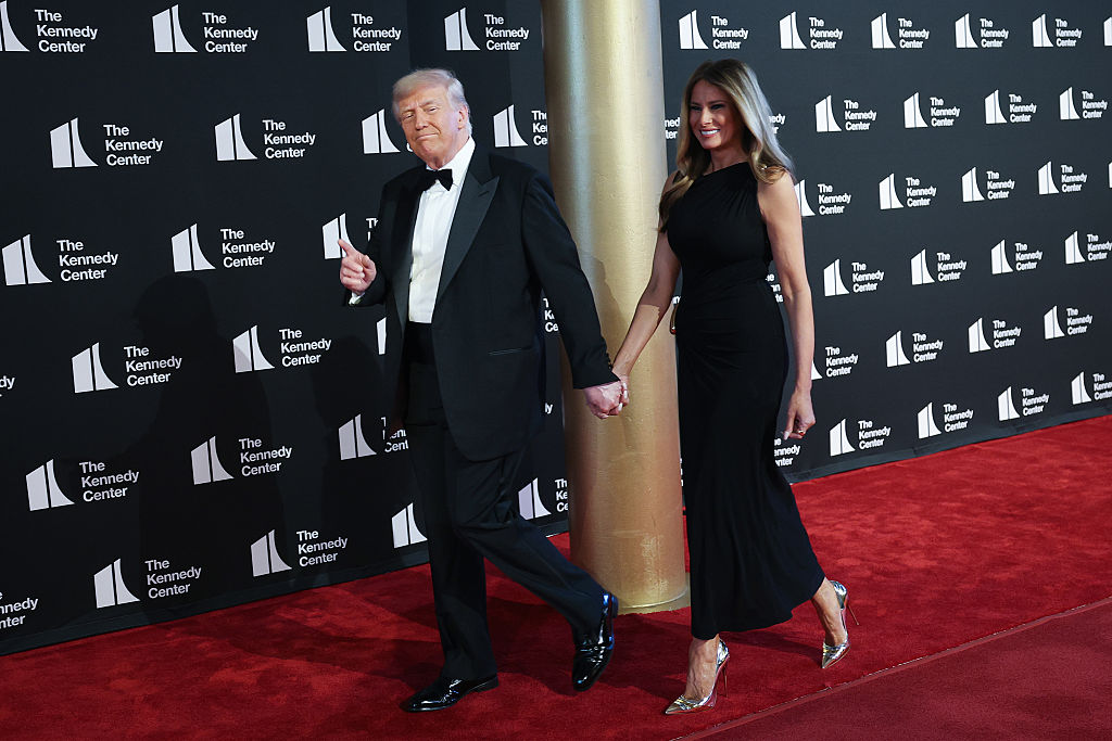 President Donald Trump and first lady Melania Trump arrive at the Kennedy Center on June 11, 2025 in Washington, DC. Trump is scheduled to attend a performance of Les Misérables this evening.