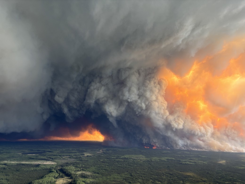 The PWF044 wildfire burning east of the town of Manning, on the east side of the Peace River, on May 31, 2025.

