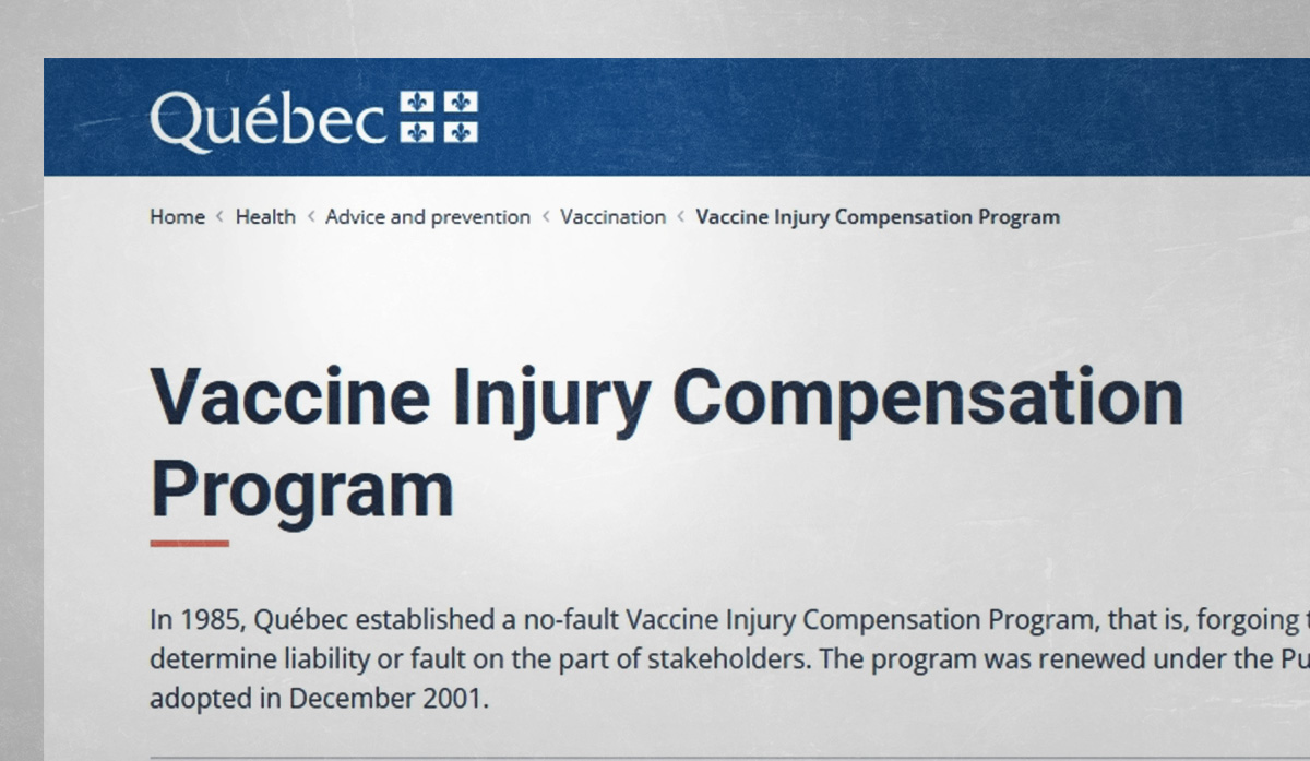 The Quebec government operates its own vaccine injury compensation program, as seen here in a photo of its website.