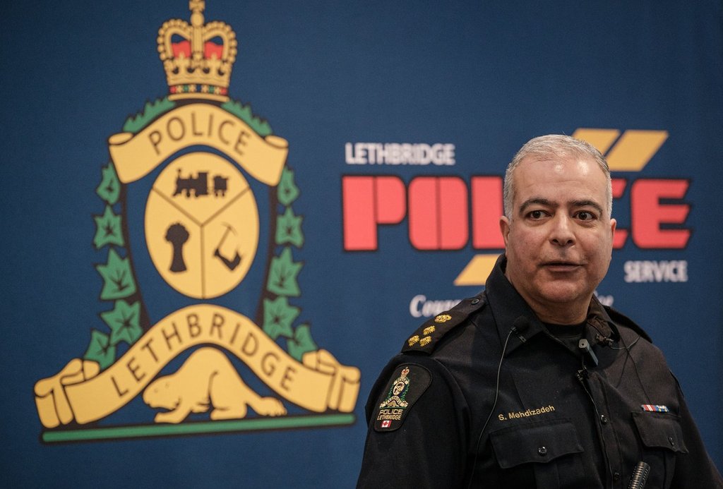 Lethbridge Police Chief Shahin Mehdizadeh speaks during a news conference in Lethbridge, Alta., on Wednesday, March 10, 2021.