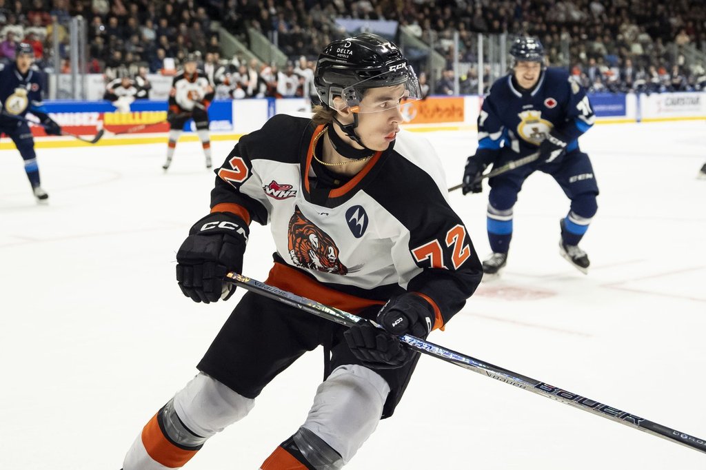 Medicine Hat Tigers' Gavin McKenna (72) looks for the puck during second period Memorial Cup hockey action against the Rimouski Oceanic in Rimouski, Que., on May 23, 2025.