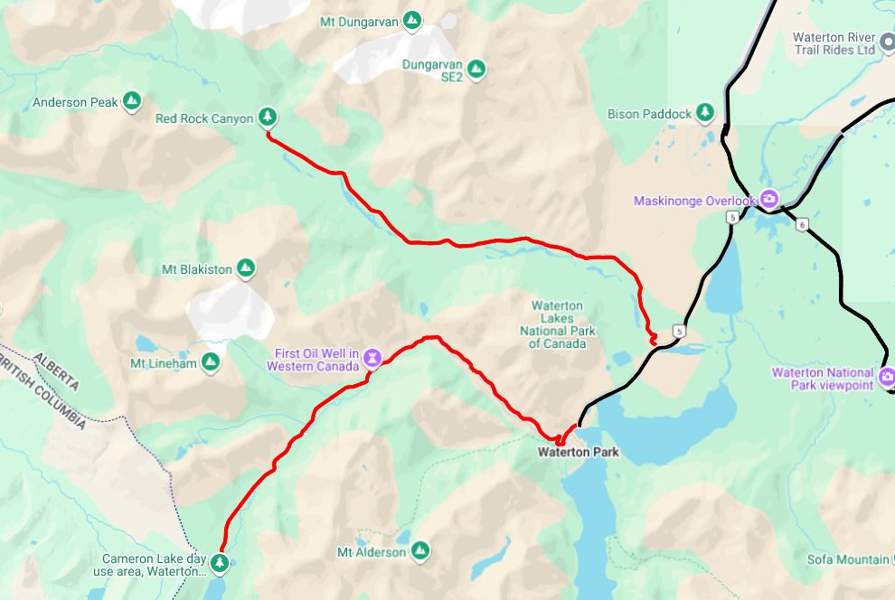A map from 511Alberta shows the location of the Akamina and Red Rock Parkways, in Waterton Lakes National Park, that have been closed because of the storm forecast to hit the area this weekend.